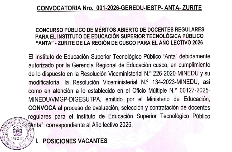 CONVOCATORIA 001-2026-GEREDU-IESTP-ANTA